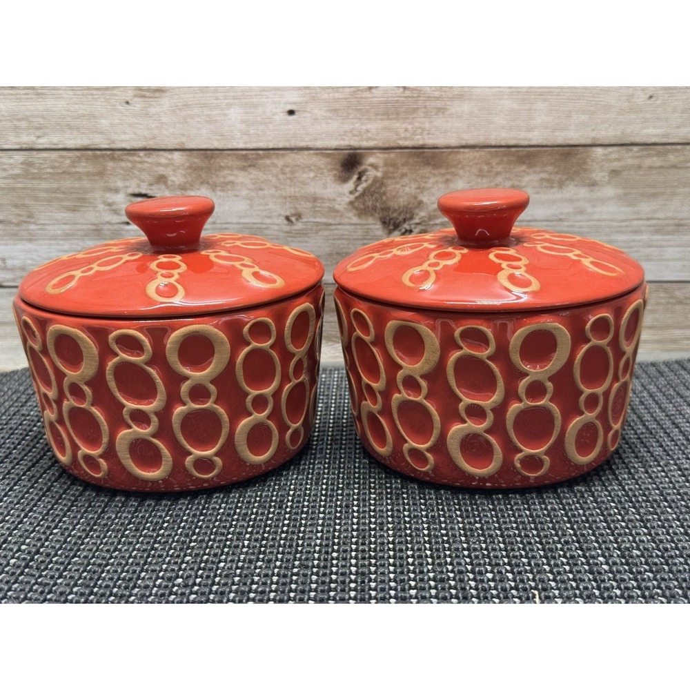 Set 2 Anthropologie Siena Mini Baking Dish or Trinket Dish Red Beige Circles NEW